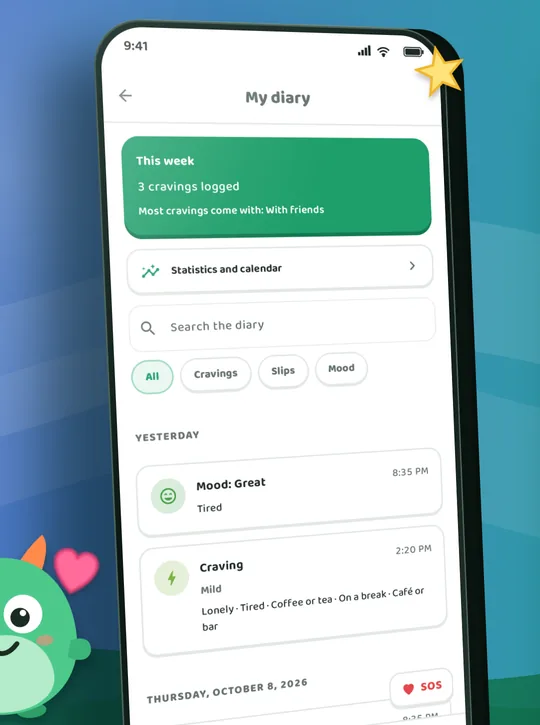 Écran de l'application Quitmo: Note chaque envie
