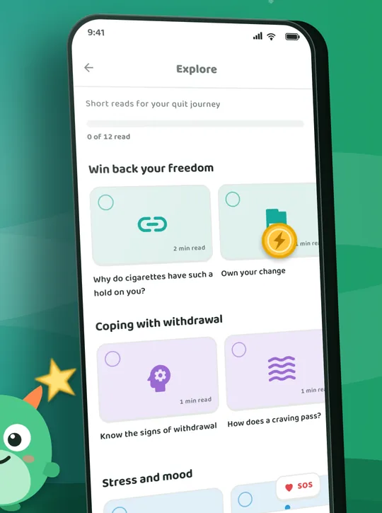 Écran de l'application Quitmo: Lectures courtes et fiables